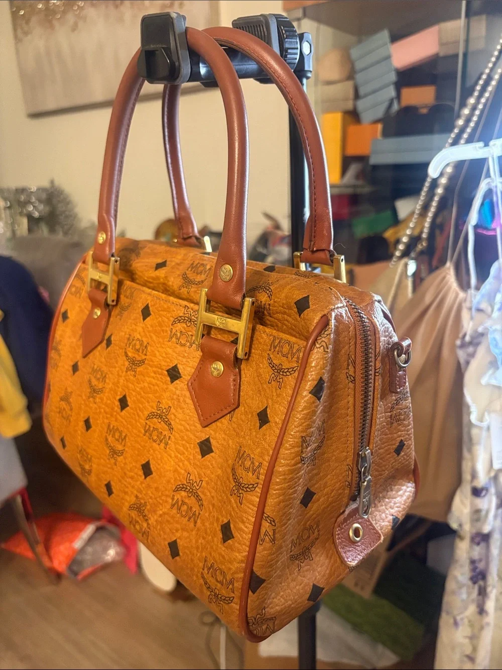 MCM Cognac Brown Visetos Monogram Satchel